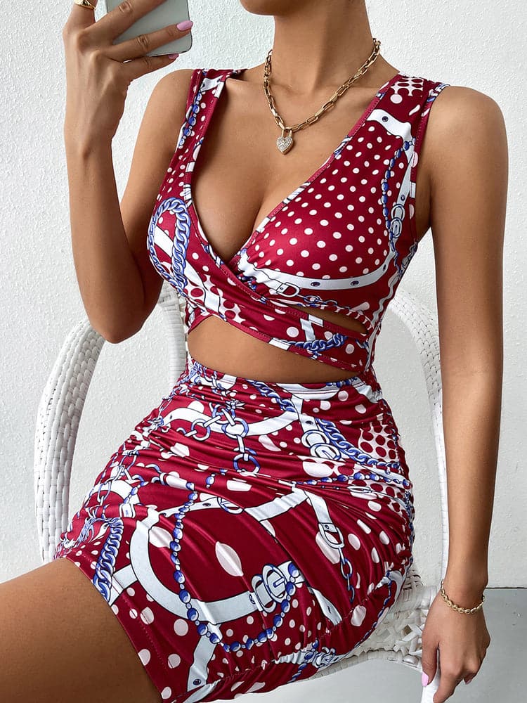 Chain Link Print Wrap Tank Ruched Bodycon Mini Skirt Two Piece Set