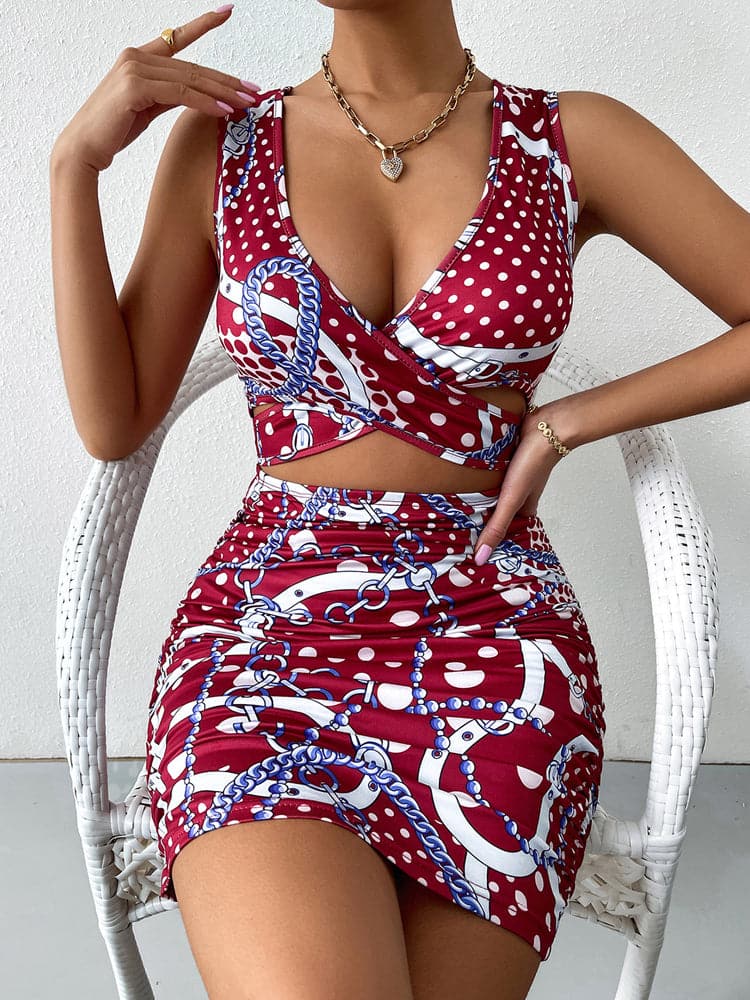 Chain Link Print Wrap Tank Ruched Bodycon Mini Skirt Two Piece Set