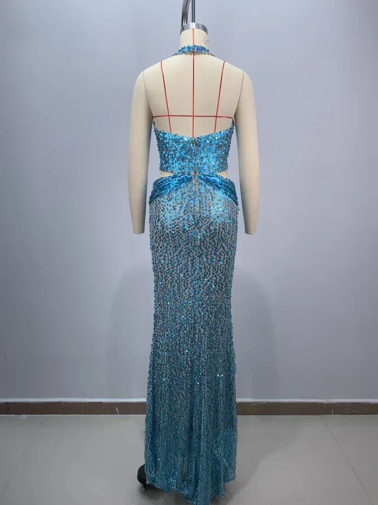 Sexy Sling Deep V-Neck Sequins Long Dress Hollow Out Slim Party Dress