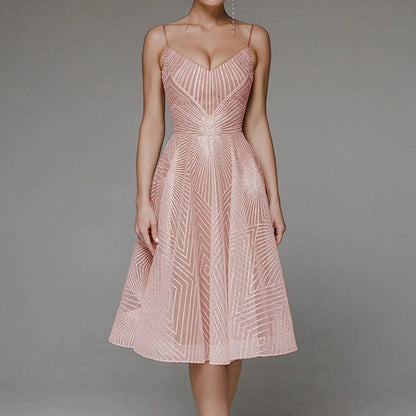 Deep V-Neck Spaghetti Strap Geometric Sequin Mesh Fit and Flare Cocktail Midi Dress