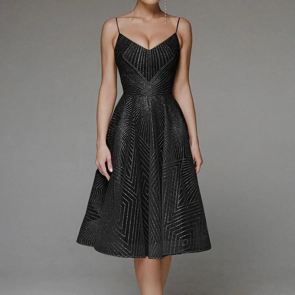 Deep V-Neck Spaghetti Strap Geometric Sequin Mesh Fit and Flare Cocktail Midi Dress