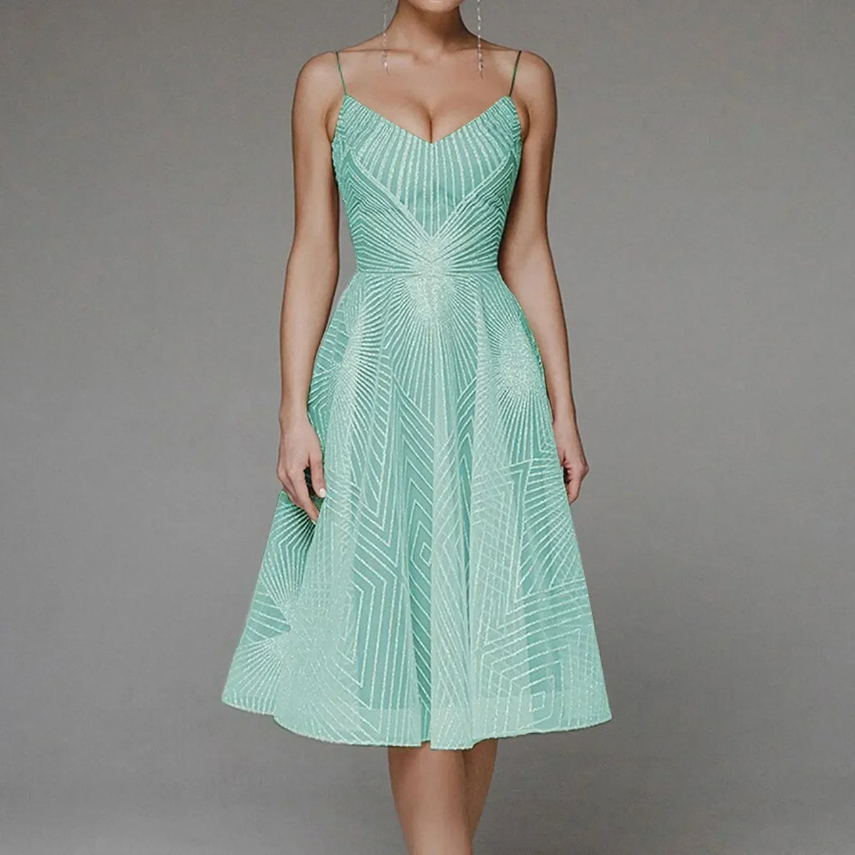 Deep V-Neck Spaghetti Strap Geometric Sequin Mesh Fit and Flare Cocktail Midi Dress