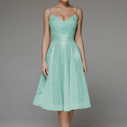 Deep V-Neck Spaghetti Strap Geometric Sequin Mesh Fit and Flare Cocktail Midi Dress