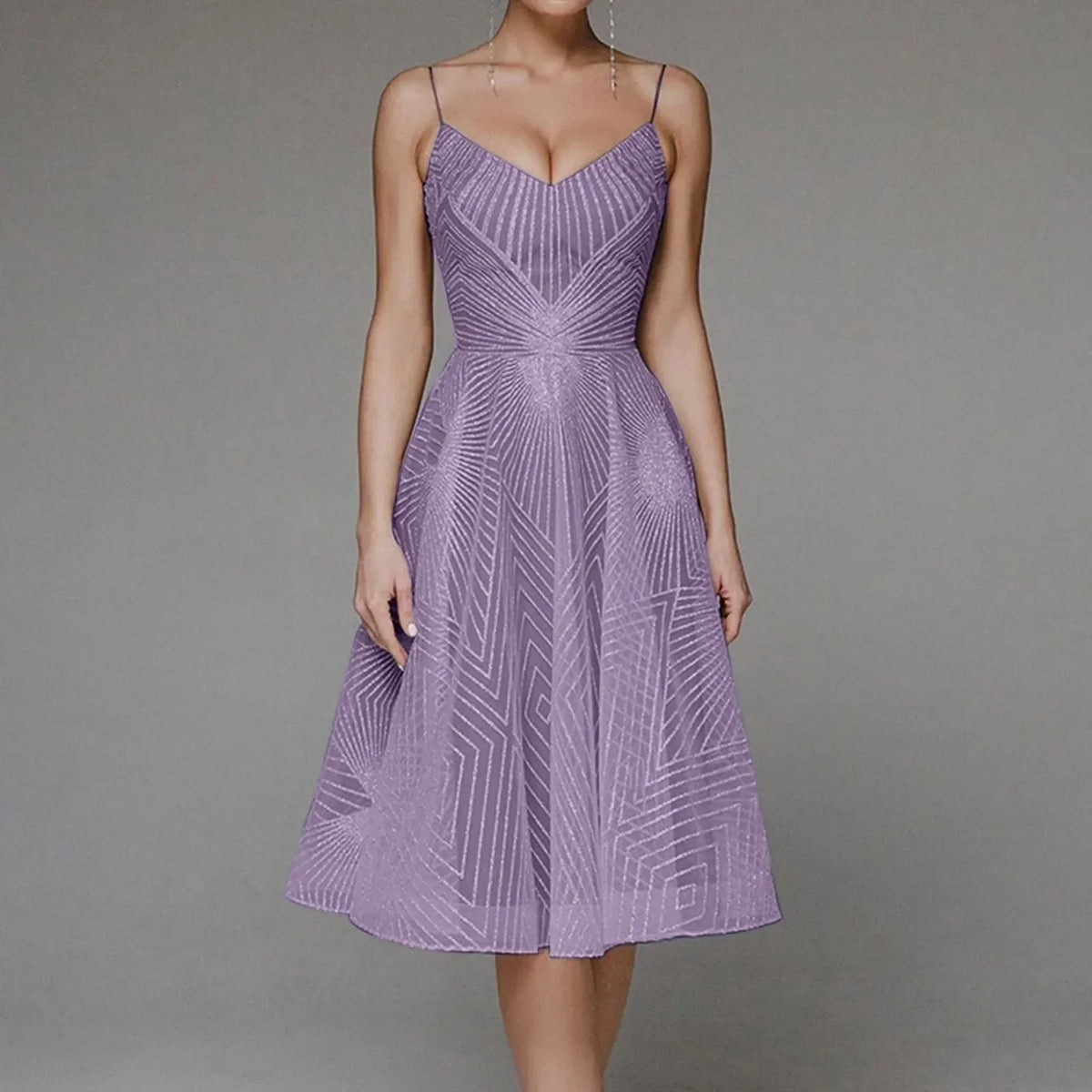 Deep V-Neck Spaghetti Strap Geometric Sequin Mesh Fit and Flare Cocktail Midi Dress