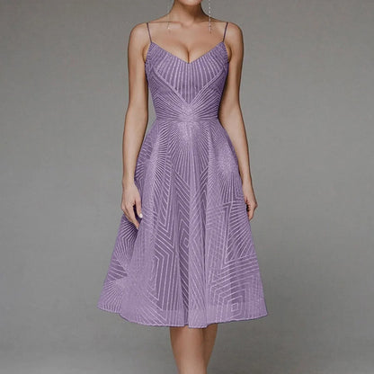 Deep V-Neck Spaghetti Strap Geometric Sequin Mesh Fit and Flare Cocktail Midi Dress