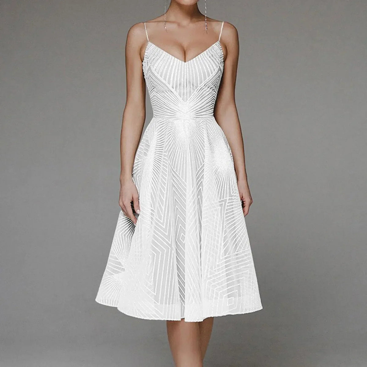 Deep V-Neck Spaghetti Strap Geometric Sequin Mesh Fit and Flare Cocktail Midi Dress