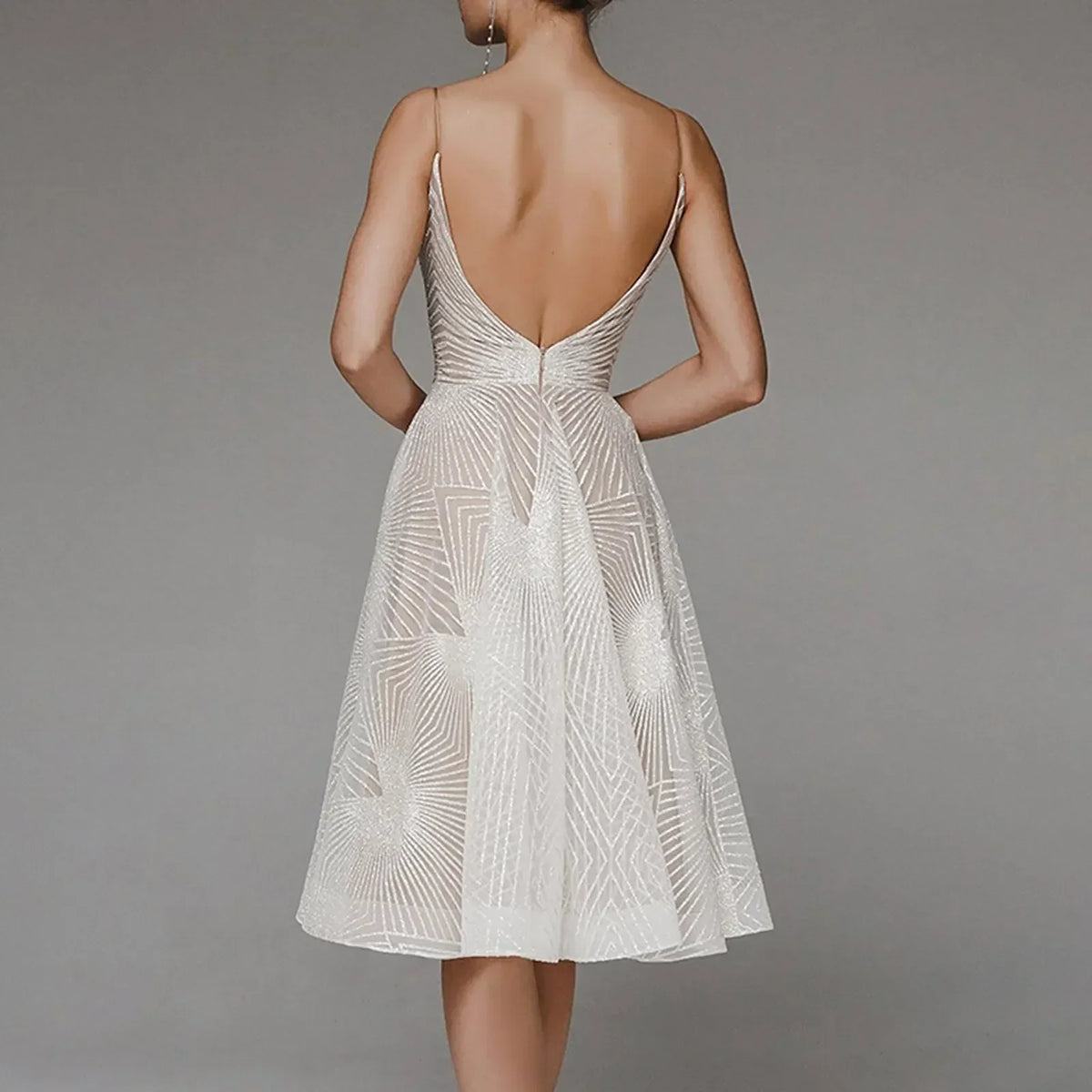 Deep V-Neck Spaghetti Strap Geometric Sequin Mesh Fit and Flare Cocktail Midi Dress