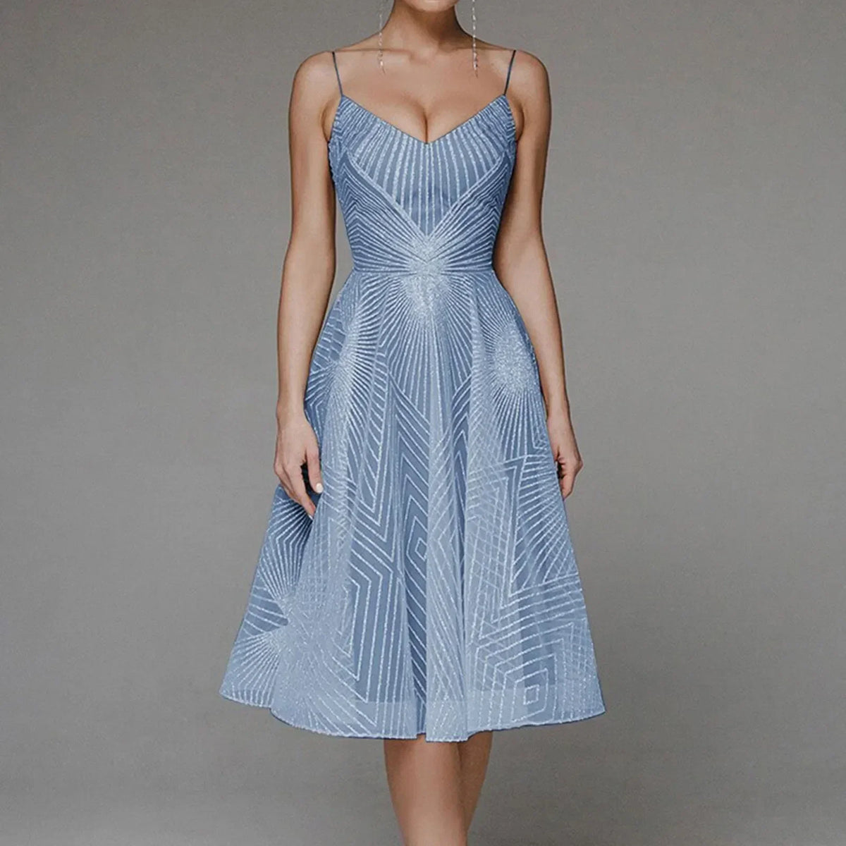 Deep V-Neck Spaghetti Strap Geometric Sequin Mesh Fit and Flare Cocktail Midi Dress