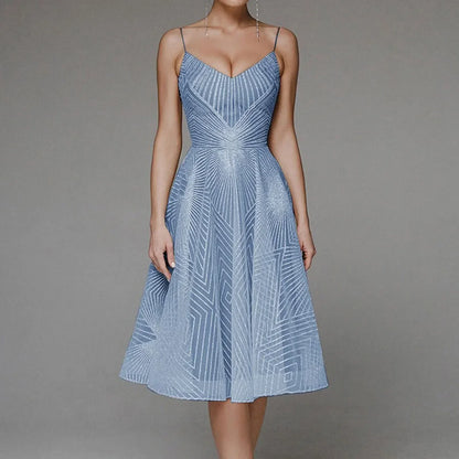 Deep V-Neck Spaghetti Strap Geometric Sequin Mesh Fit and Flare Cocktail Midi Dress