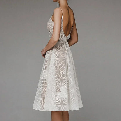 Deep V-Neck Spaghetti Strap Geometric Sequin Mesh Fit and Flare Cocktail Midi Dress
