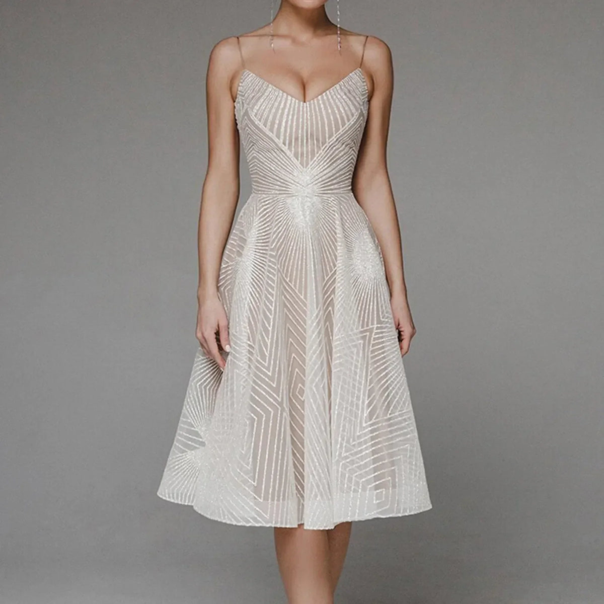 Deep V-Neck Spaghetti Strap Geometric Sequin Mesh Fit and Flare Cocktail Midi Dress