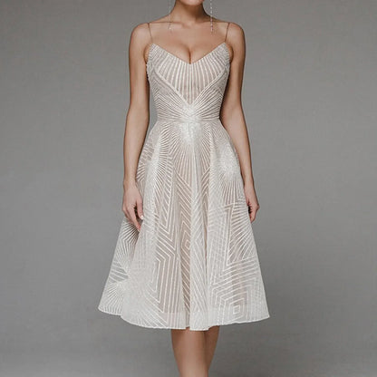 Deep V-Neck Spaghetti Strap Geometric Sequin Mesh Fit and Flare Cocktail Midi Dress