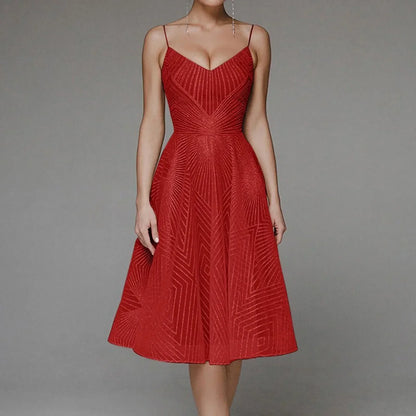 Deep V-Neck Spaghetti Strap Geometric Sequin Mesh Fit and Flare Cocktail Midi Dress