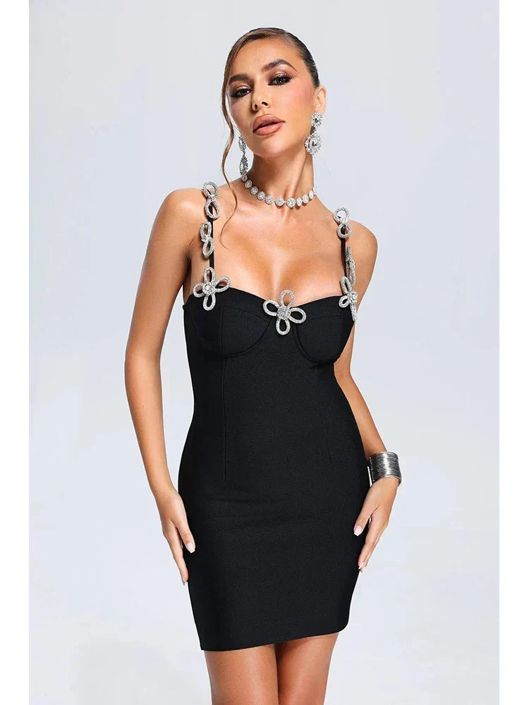 Sexy Spaghetti Strap Diamond Bow Flower Bandage Black Sleeveless Party Dress