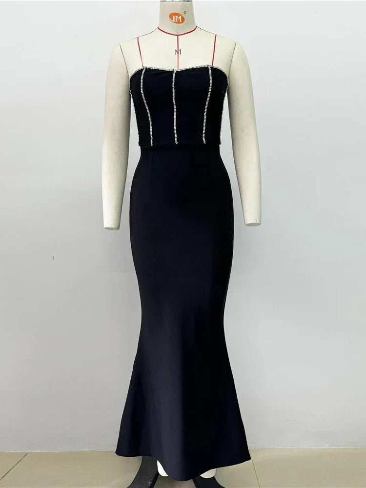 Sexy Strapless Diamonds Chain Bandage Long Black Sleeveless Backless Crystal Party Dress