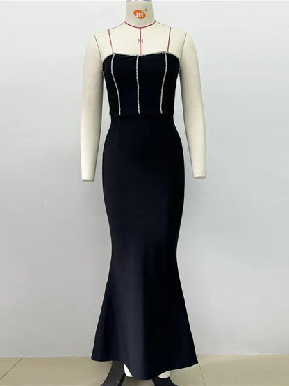 Sexy Strapless Diamonds Chain Bandage Long Black Sleeveless Backless Crystal Party Dress