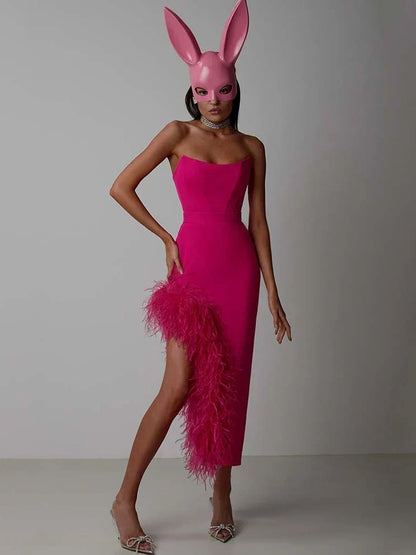 Sexy Strapless Feathers Midi Bandage Black White Backless Party Dress