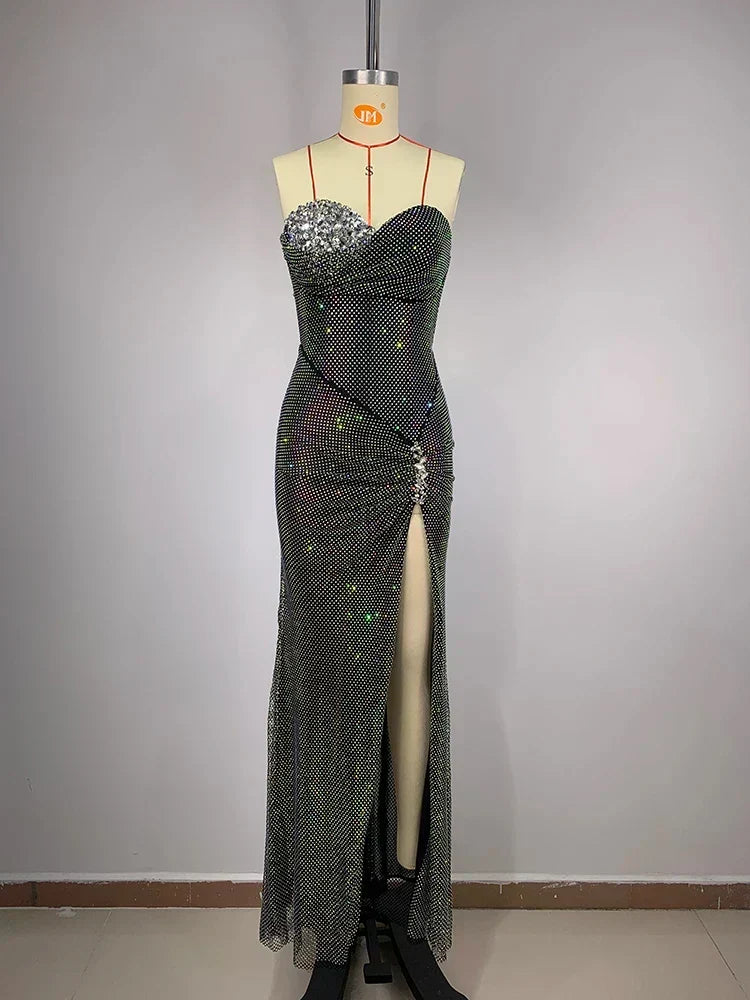 Sexy Strapless Luxury Diamonds Long Dress Shiny Sequins Crystal Folds Party Dress