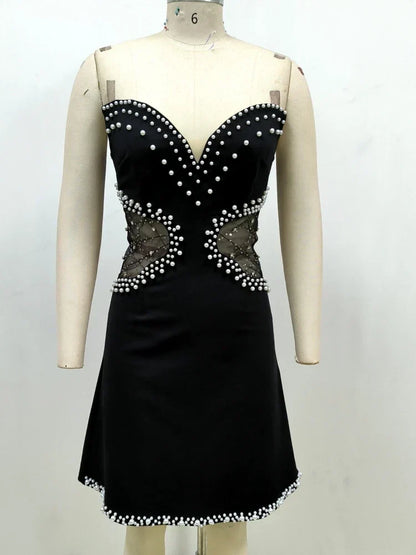 Sexy Strapless Mesh Patchwork Pearl Beaded Mini Black Sleeveless Party Dress