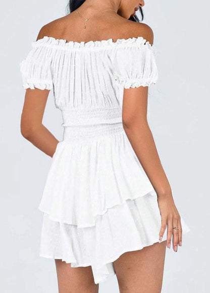 Off-Shoulder Ruffled Smocked Waist Tiered Ruffle Mini Dress