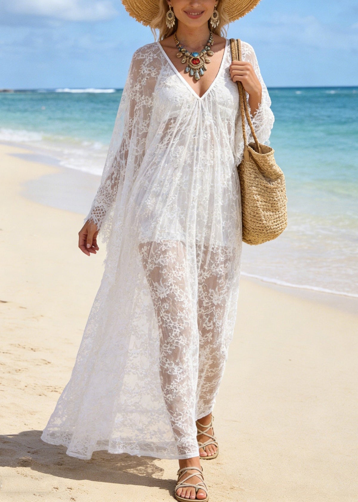 Deep V-Neck Floral Lace Sheer Flared Sleeve Maxi Dress
