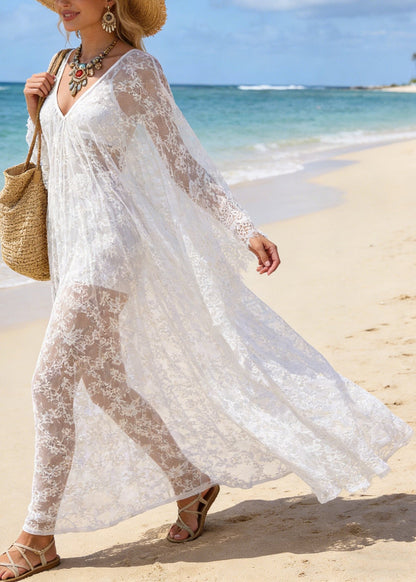 Deep V-Neck Floral Lace Sheer Flared Sleeve Maxi Dress