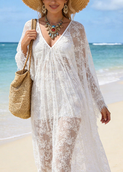 Deep V-Neck Floral Lace Sheer Flared Sleeve Maxi Dress