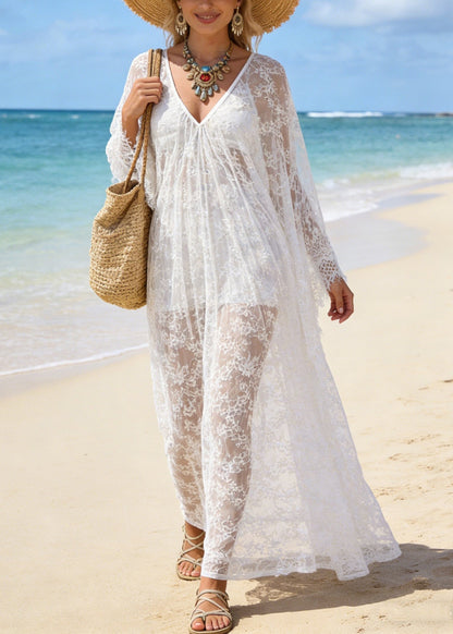 Deep V-Neck Floral Lace Sheer Flared Sleeve Maxi Dress