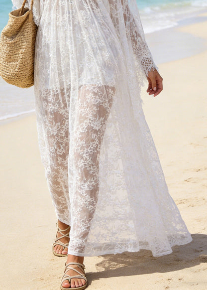 Deep V-Neck Floral Lace Sheer Flared Sleeve Maxi Dress