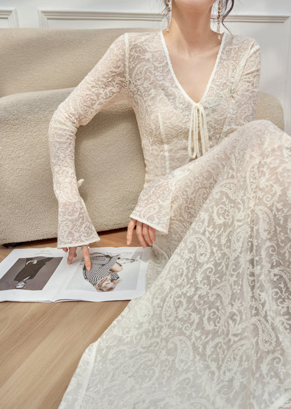 Deep V-Neck Tie-Front Paisley Lace Flared-Cuff Long Sleeve Maxi Dress