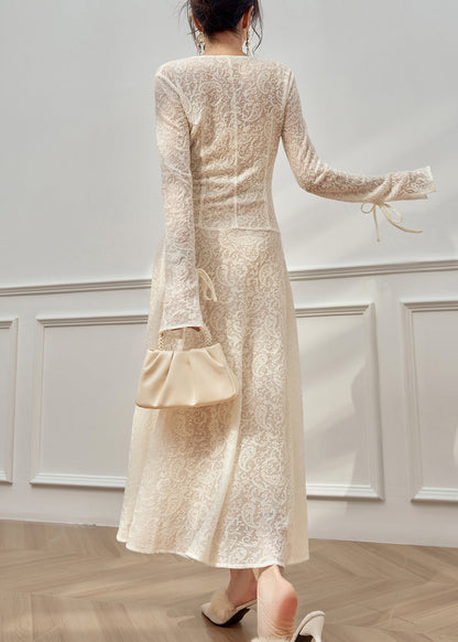 Deep V-Neck Tie-Front Paisley Lace Flared-Cuff Long Sleeve Maxi Dress