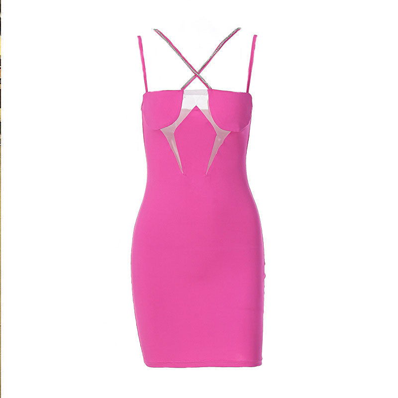 Rhinestone Criss Cross Sheer Mesh Bodycon Mini Dress