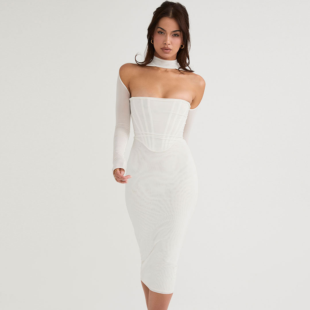 Corset Choker Neckline Cutout Shoulder Mesh Midi Dress