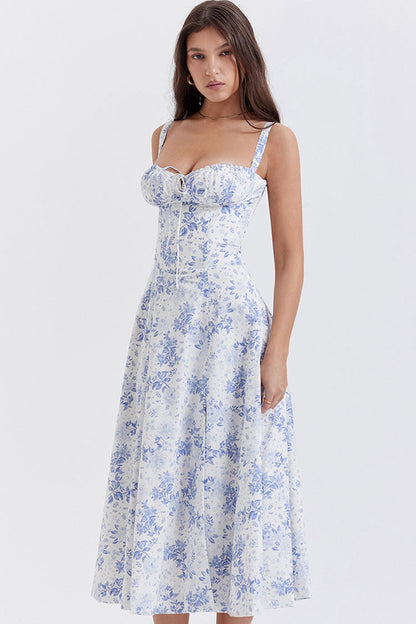 Sweetheart Strap Bustier Floral Fit Flare Midi Dress