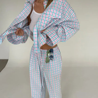 Women's Pink Blue Plaid Set Oversized Shirt & Wide-Leg Pants 2 Piece Set Casual Loose Long Sleeve Co-ord Outfits Chic Tracksuit