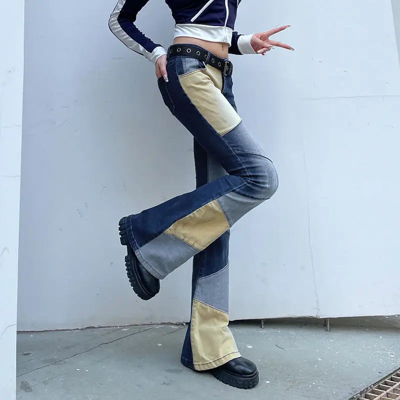 Flare Jeans Contrast Patchwork Low Waist Women'S High Street Vintage Y2K Skinny Blue Denim Trouser Harajuku Outfits