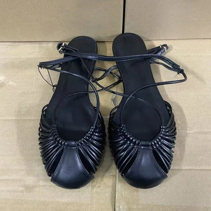 Summer Retro Round Toe Women Gladiator Sandals Ankle Strap Breathable Hollow Out Design Beach Flat Shoes for Female