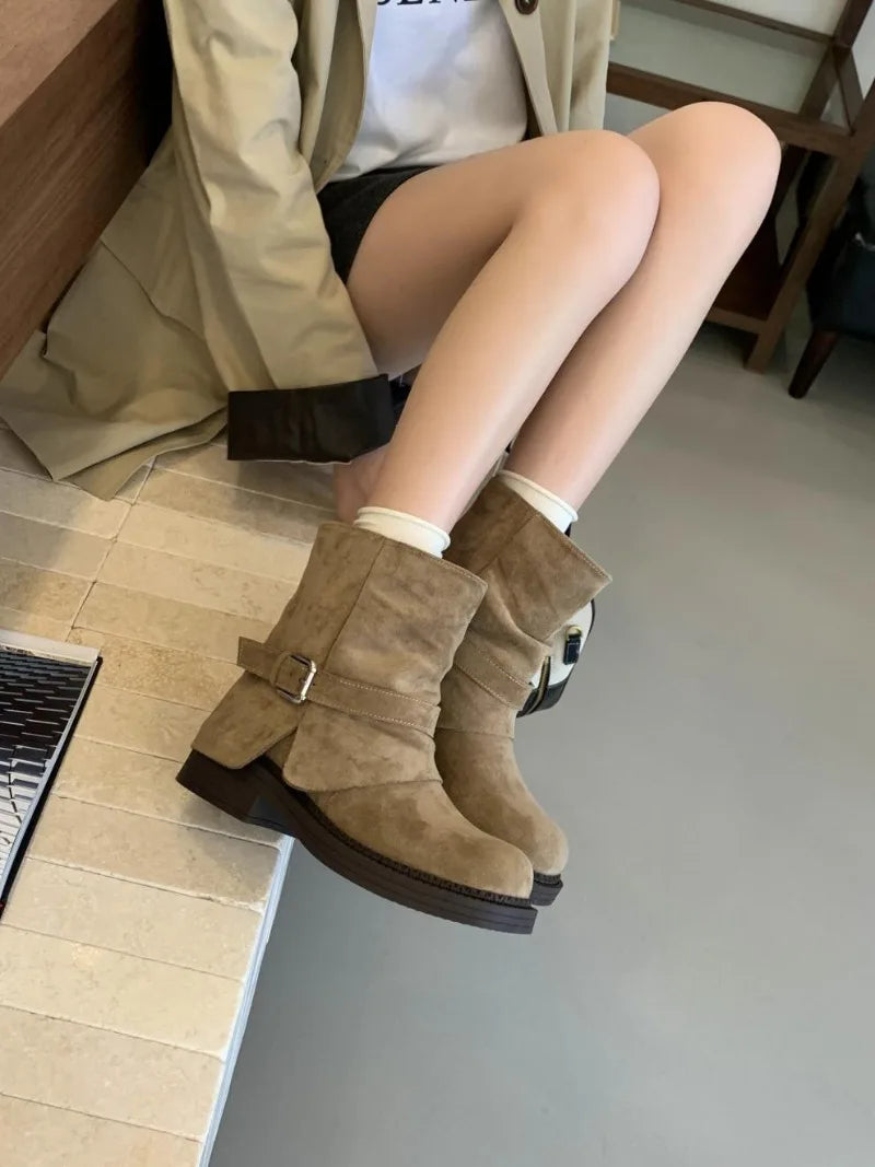 Fashion Metal Buckle Decoration Design Ankle Boots Women High Quality Retro Faux Suede Boots Comfortable Non-Slip Platform Boots