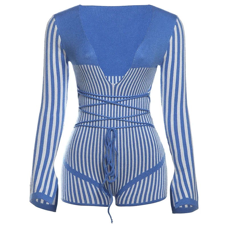 Crochet Bandage Playsuits Women Low-Neck Contrast Striped Patchwork Long Sleeve Autumn Fit Trend Vacation Skinny Romper