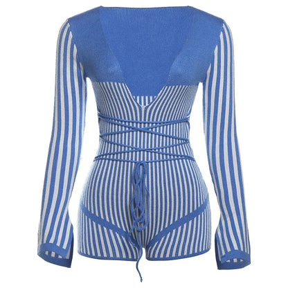 Crochet Bandage Playsuits Women Low-Neck Contrast Striped Patchwork Long Sleeve Autumn Fit Trend Vacation Skinny Romper