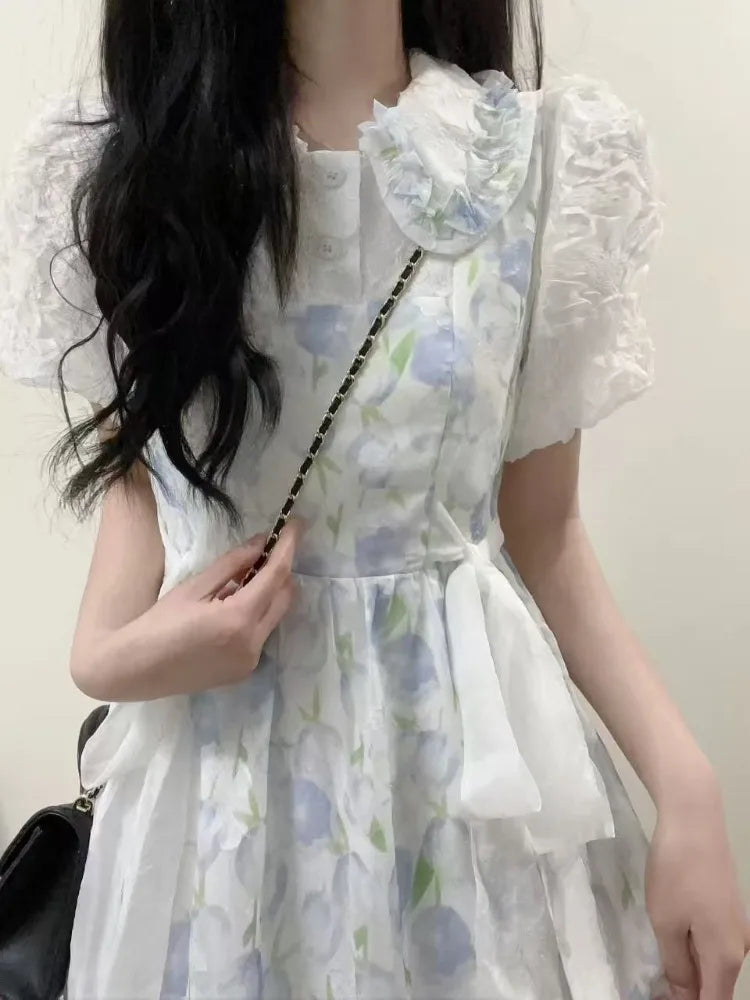 Japanese Sweet Fresh Tulip Floral Doll Collar Dress Women New Summer Kawaii Slim Fit Waist A-Line Dress Gentle Style Clothing