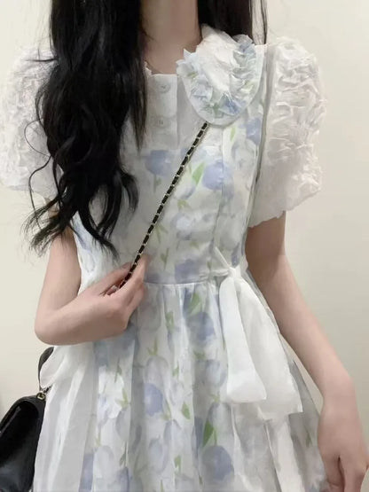 Japanese Sweet Fresh Tulip Floral Doll Collar Dress Women New Summer Kawaii Slim Fit Waist A-Line Dress Gentle Style Clothing