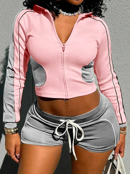 Casual Patchwork Women Two Piece Short Sets 2025 Spring Fashion Sporty Fitness Outfit Long Sleeve Cropped Jacket and Mini Shorts