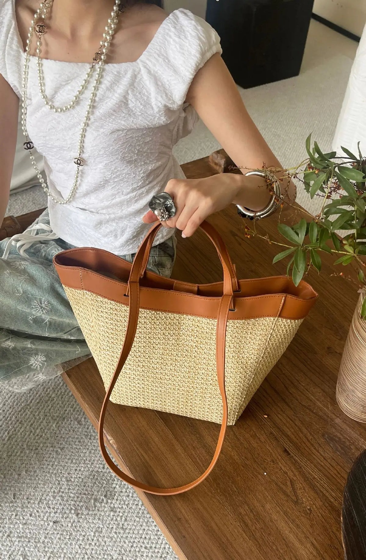 Summer Large Capacity Tote Bag Women Shoulder Bag Handmade Woven Bag Fresh Rural Handheld Grass Woven Women Bag