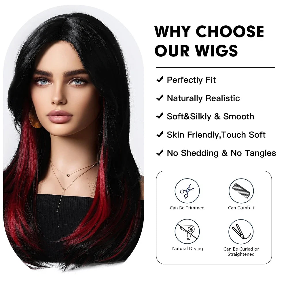 Black Highlight Rose Red Wig With Curtain Bangs 18inch Natural Layered Straight Synthetic Wig For Women Christmas Party Cosplay