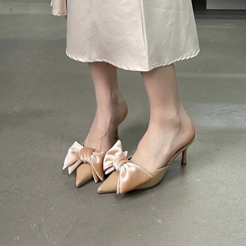 Sexy Bowknot Women Slippers Pointed Toe Stiletto Low Heels Mules Slides Party Dress Summer Shoes