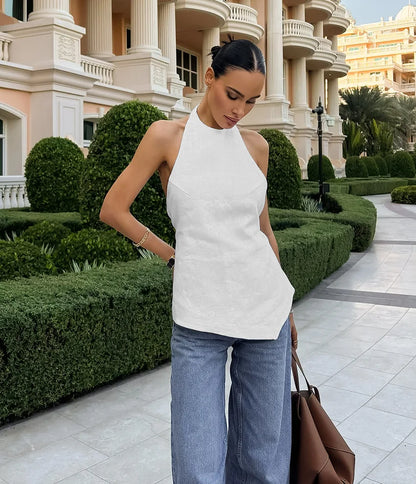 New sexy backless neck tied sleeveless vest top, fashionable and versatile, solid color, simple women's clothing