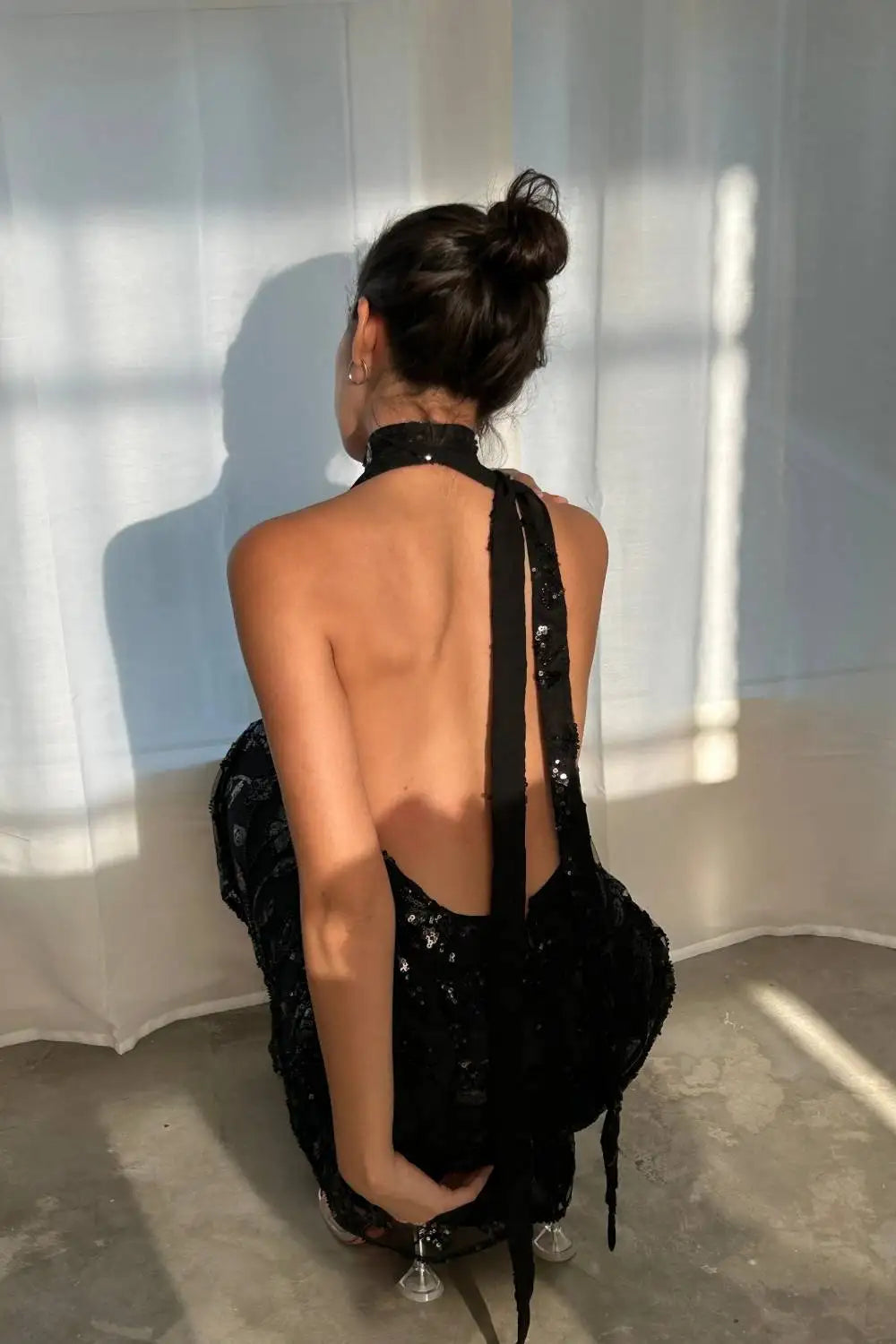 Elegant Black V-neck Open Back Sequins Prom Gown Sheath Sleeveless Evening Party Dress Special Event Gowns Robes De Soirée#18561