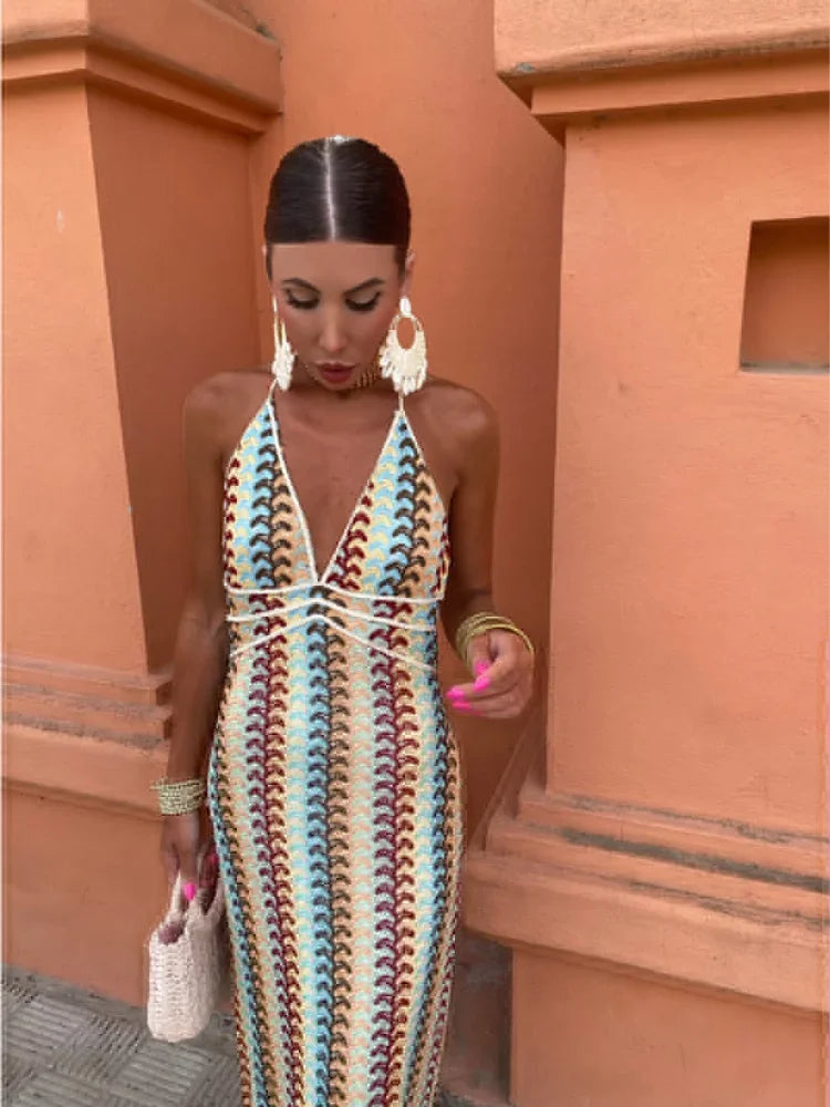 Halter Deep V Neck Multi Strap Crochet Chevron Maxi Dress