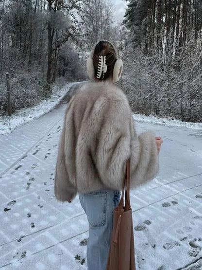 Fashion Faux Fur Jacket Coat Women Streetwear Warm Fluffy Solid Loose Long Sleeve V Neck Female Cardigan Winter Outwear